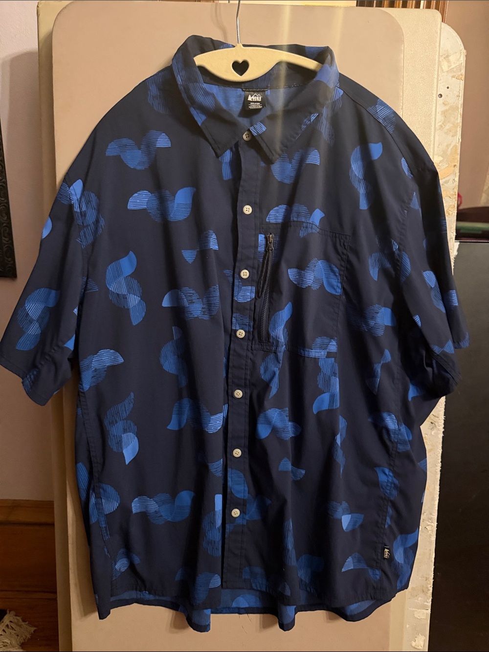REI Navy Shirt with Bright Blue Abstract Pattern